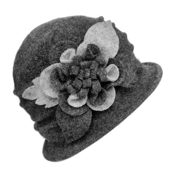 Women's Winter Wool Cloche Hat with Flower Accent, Retro 1920s Style Bucket Hat, Warm Beret Design for Cold Weather, Elegant Church Hat for Christmas, Mother's Day and Special Occasions - Dark Gray