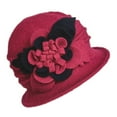 thumbnail image 1 of Women's Winter Wool Cloche Hat with Flower Accent, Retro 1920s Style Bucket Hat, Warm Beret Design for Cold Weather, Elegant Church Hat for Christmas, Mother's Day and Special Occasions - Red, 1 of 8