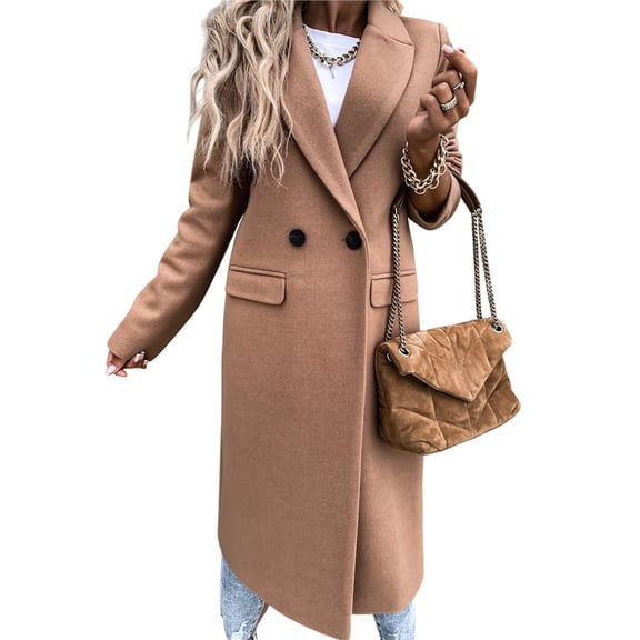 Women's Winter Wool Coat Casual Lapel Single-Breasted Peacoat Khaki S