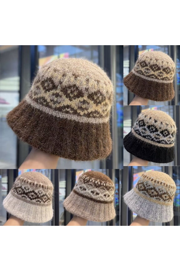 Women's Winter Wool Knit Bucket Hat Face Slimming Warm Atmospheric Basin Cap Beige
