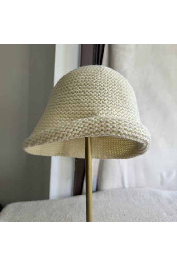 Women's Winter Wool Knit Bucket Hat Rolled Edge Large Head Circumference Warm Basin Cap Beige