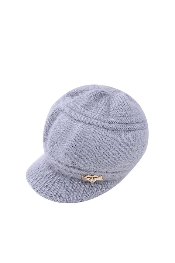 Women's Winter Wool Lined Elastic Knitted Hat Visor Beanie Trendy Warm Hat with Brim