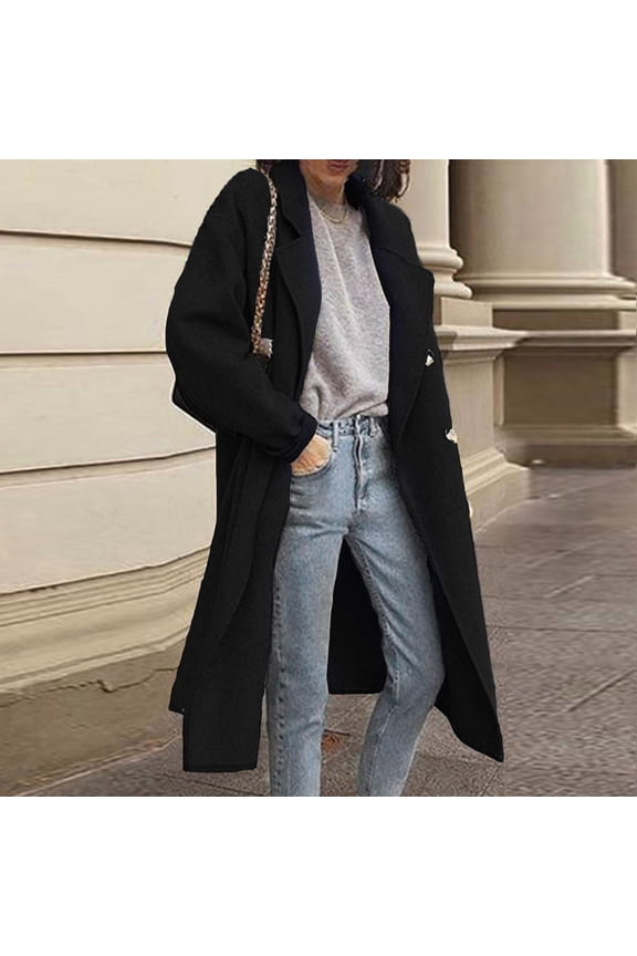 Women's Winter Wool Thin Coat Ladies Jacket Slim Long Overcoat Solid Classic Lapel Loose Outwear Women Long Coat Jacket Petite Jacket for Foreign Jackets Womens Clothes Duster Winter Coat Women plus