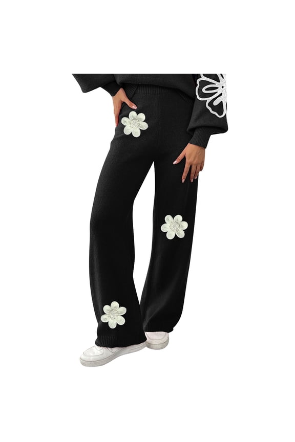 Women's Winter Wool Wide-Leg Pants - High Waist Straight-Leg Casual Trousers, Black Size M