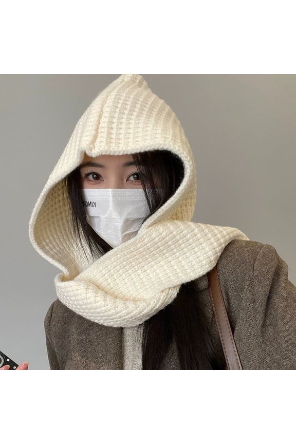 Women's Winter Woolen Beanie Hat Soft Warm Scarf Beanie Fleece Cap with Attached Scarf for Women-beige
