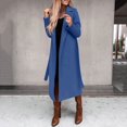 thumbnail image 1 of Women's Winter Woolen Coat Elegant Lapel Trench Coat Solid Color Long Jacket with Work Tie, in Blue, Size L, 1 of 5