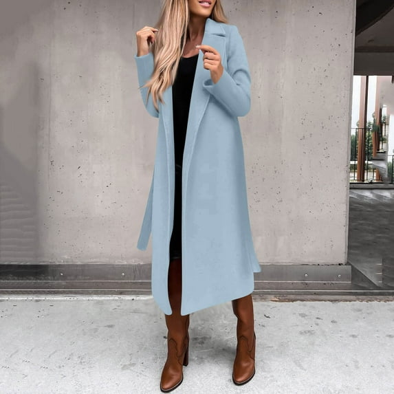 Women's Winter Woolen Coat Elegant Lapel Trench Coat Solid Color Long Jacket with Work Tie, in Light Blue, Size XXXL