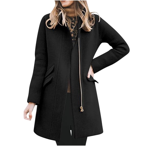 Women's Winter Zip Up Stand Collar Peacoat Business Casual Midi Long Wool Blend Overcoat for Work Office