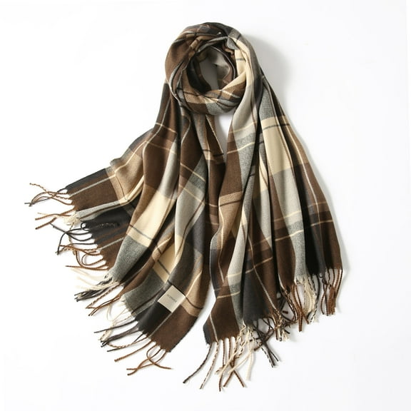 Winter Long Scarf Shawl for Women Big Warm Plaid Neck Scarves with Soft Tassel 1 Count, Coffee