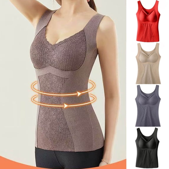 Women's Winter thermal Fleece Lined Tank Top with Built-in Bra, Seamless Padded Warm Base Layer Vest Underwear Coffee XL(XL)