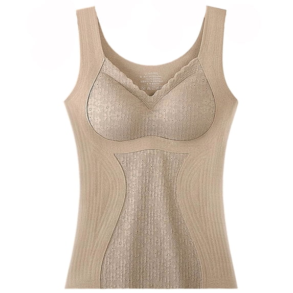 Women's Winter thermal Fleece Lined Tank Top with Built-in Bra, Seamless Padded Warm Base Layer Vest Underwear Khaki XXL(XXL)