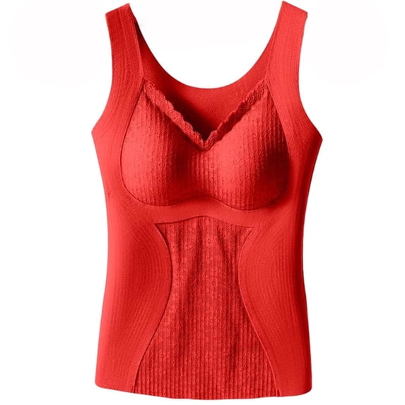 Women's Winter thermal Fleece Lined Tank Top with Built-in Bra, Seamless Padded Warm Base Layer Vest Underwear Red XXL(XXL)