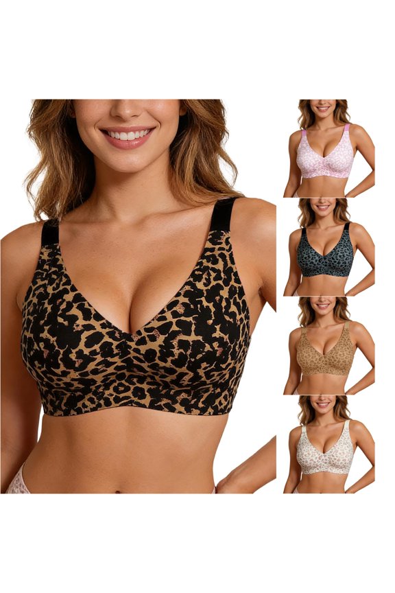 Women's Wirefree Bra Leopard Print Seamless Thin Padding Comfortable Adjustable Straps Light Support Everyday Underwire Free Bras