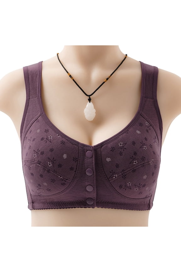 Women's Wireless Cotton Front Closure Bra, Plus Size Full Cup Floral Print Comfort Bra, Senior Friendly Soft Support Everyday Bra, 6 Colors, Sizes 36-52