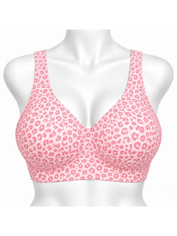 Women's Wireless Full Coverage Bra, Pink Floral Print Seamless Comfort Support Bra with Wide Adjustable Straps, Hook-and-Eye Back Closure, Size XXL