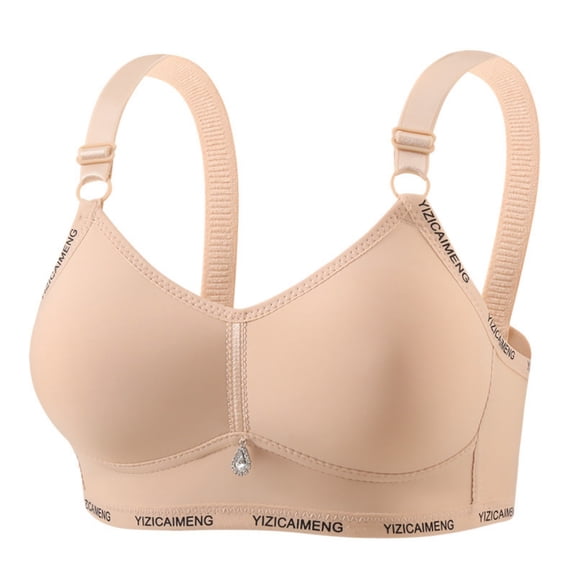 Women's Wireless Seamless Bra Fixed Cups Breathable Letter Print Lightweight Padded T Shirt Bra Beige 44