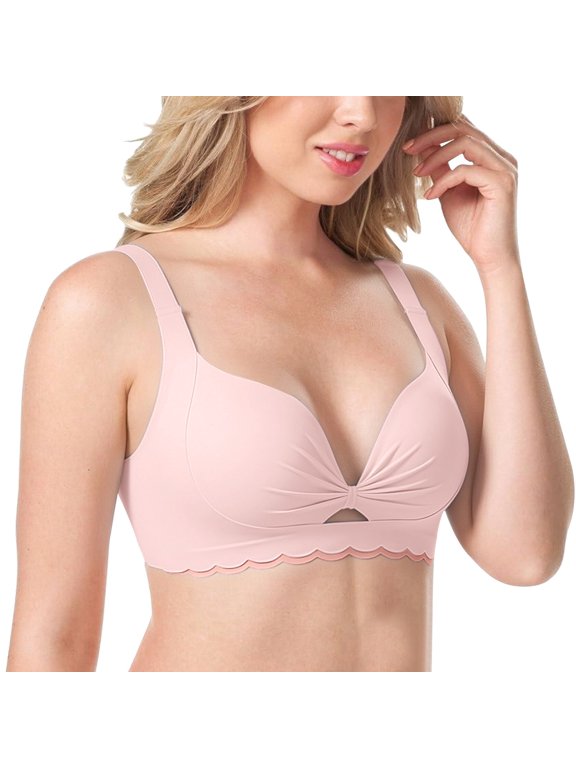 Women's Wireless Seamless T-Shirt Bra No Underwire Full Coverage,Push Up Jelly Support Scalloped V-Neck Bralette,Soft Breathable Underarm Smoothing Comfort Bra for Everyday Wear Pink A
