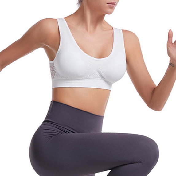 Women's Wireless Sports Bra, Mesh Panel Breathable Racerback Workout Top, Medium Support for Yoga, Fitness, and Low Impact Activities, Comfortable and Supportive-White