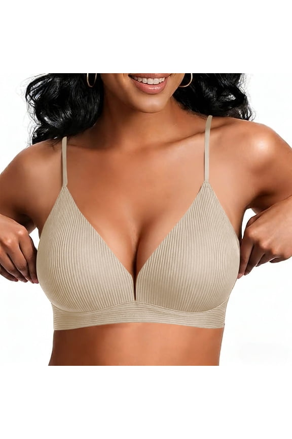Women's Wireless Triangle Bikini Top Unpadded Plunge Bathing Suit Tops Ribbed Swimsuits V Neck Sexy Mature Bras Beige M