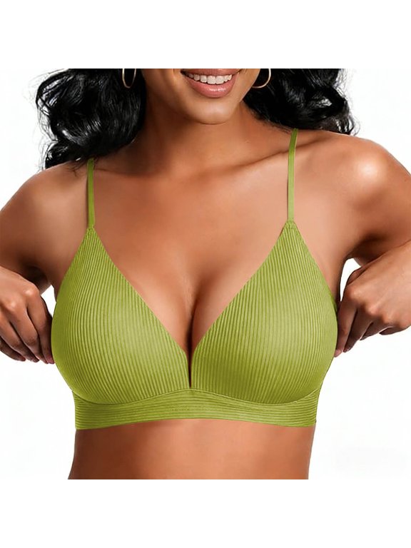 Women's Wireless Triangle Bikini Top Unpadded Plunge Bathing Suit Tops Ribbed Swimsuits V Neck Sexy Mature Bras Green S