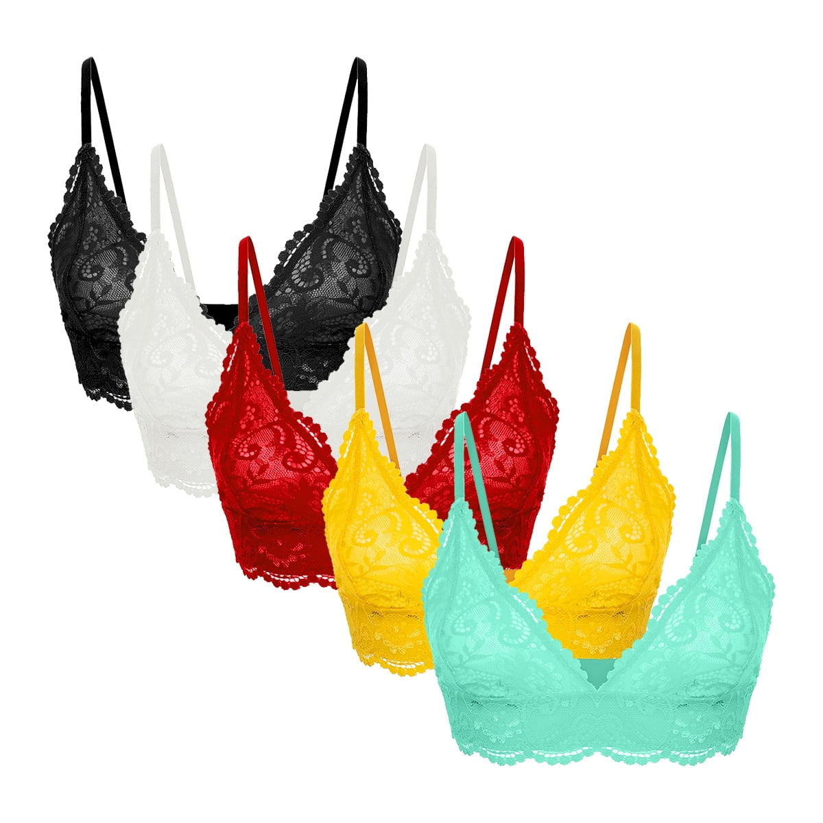Women's Wireless Triangle Bra Floral Lace Thin Straps Bralette 5 Pack 