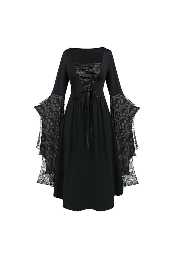 Women's Plus Witch Corset Square Neck Maxi Dress with Dramatic Long Sleeves for Halloween 2XL