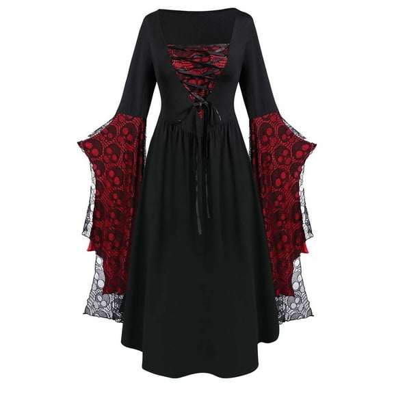 Women's Witch Corset Dress Plus Size Maxi Gown with Dramatic Sleeves for Halloween Red 2XL