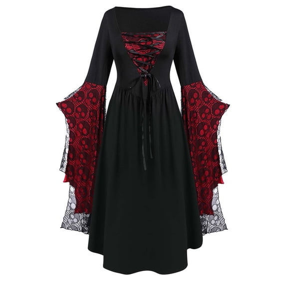 Women's Witch Corset Dress Plus Size Maxi Gown with Dramatic Sleeves for Halloween Red S