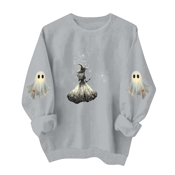 Women's Witch Graphic Sweatshirts Halloween Spooky Magic Star Print Crewneck Pullovers Long Sleeve Fall Tops Casual Holiday Party Clothes Novelty Wear