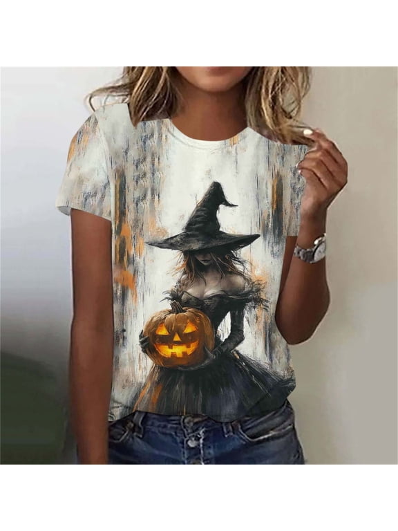 Women's Witch Graphic T-Shirts Halloween Pumpkin Tops Short Sleeve Crewneck Casual Fall Tees Novelty Holiday Blouse for Season Comfortable Fit