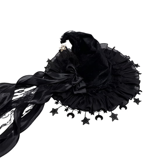 Women’s Witch Hat for Halloween,18.1 Inch Gothic Ruffled Lace Trim Wide Brim Wizard Cap with Black Bow Ribbon | Party Masquerade Costumes | Mesh Breathable Fabric