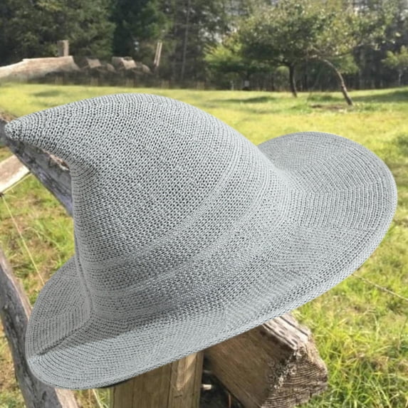 Women's Witch Hat, Wide Brim Crochet Costume Hat for Halloween, Cosplay, and Theme Parties, Summer Festival Accessory-Gray