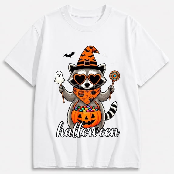 Women's Witch Raccoon with Pumpkin Candy Witch Shirt, Halloween Graphic Short Sleeve T-Shirt