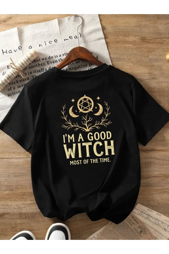 Women's Witch & Wiccan Graphic T-Shirt - Print with "I'm A Good Witch" Slogan & Pentagram Design - Casual Round Neck Short Sleeve Top - Wiccan Apparel for Themed Events - Machine Washable