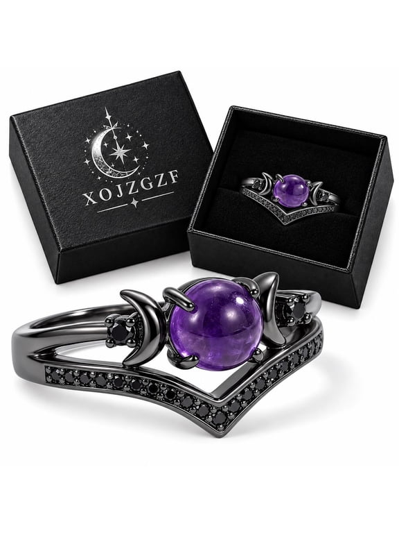 Women's Witchy Triple Moon Ring Set, Vintage Gothic Crescent Moon Jewelry, Lead-Free Copper Waterproof V-Shaped Pave Band with Secure Prong Setting, Sparkling Celestial Rings for Daily Wear