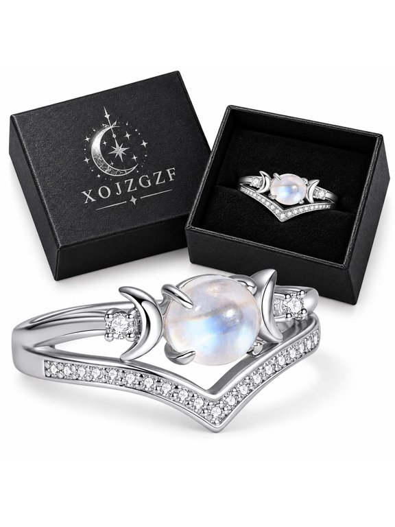 Women's Witchy Triple Moon Ring Set, Vintage Gothic Crescent Moon Jewelry, Lead-Free Copper Waterproof V-Shaped Pave Band with Secure Prong Setting, Sparkling Celestial Rings for Daily Wear
