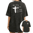 thumbnail image 1 of Women's "With God All Things Are Possible" Christian Cross Casual Short Sleeve Washed Tee Black S-2XL Plus Size, 1 of 5