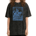 thumbnail image 1 of Women's Wizard Riding Giant Cat Linocut Style Aesthetic Witchy Cat Graphic Washed T Shirt Black S-2XL Plus Size, 1 of 5
