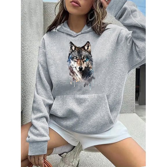 Women's Wolf Print Hoodie with Kangaroo Pocket - Cozy Casual Long Sleeve Pullover, Perfect for Fall & Winter Fashion