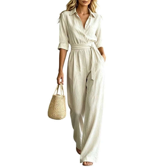 Women's Women Collared Button Half‑Sleeve Jumpsuit With Elastic Waist Side Pockets