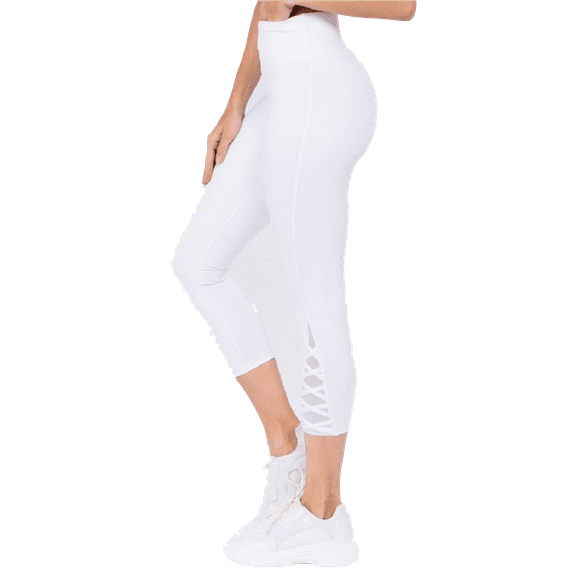 Women's Women's Crisscross Mesh Ankle Capri Activewear Leggings - BRIGHT WHITE, M