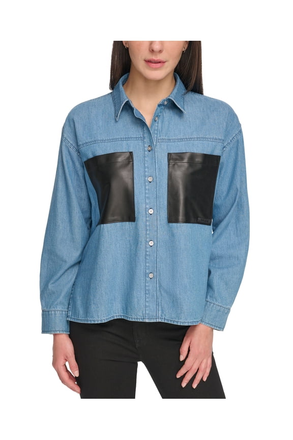 Women's Women's Faux-Leather-Pocket Chambray Shirt Blue Jay Wash XXS