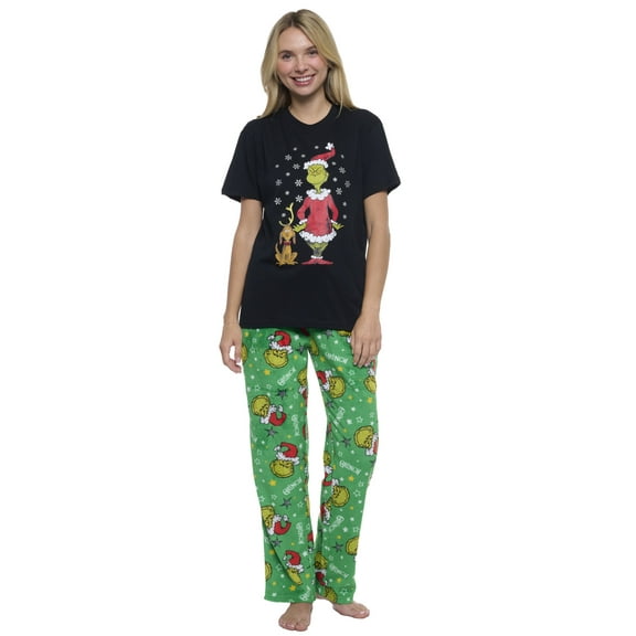 Women's & Women's Plus Dr Seuss' Grinch Pajama Set T-Shirt & Plush Pants Green