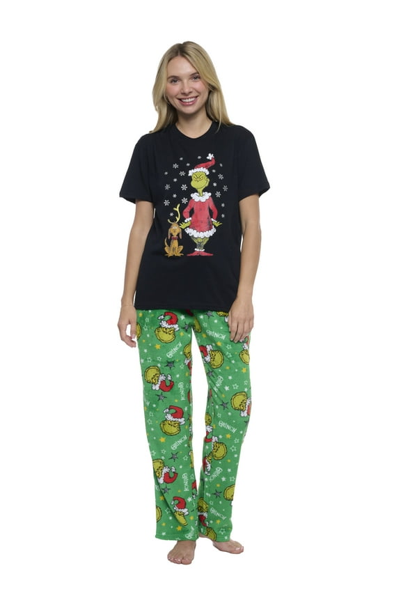 Women's & Women's Plus Dr Seuss' Grinch Pajama Set T-Shirt & Plush Pants Green
