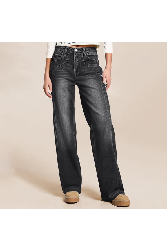 Women's and Women's Plus Mid Rise Straight Jeans, Tummy-Smoothing Pannel Y2K Jeans Pants Women Straight Leg Trousers Retro High Waisted Jeans L(Black)