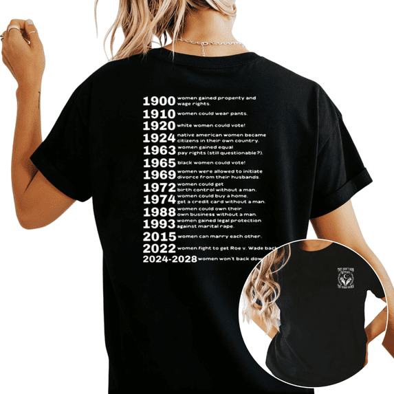 Women's "Women's Rights Timeline" Double Sided Graphic Casual T Shirt Feminist History Short Sleeve Round Neck Top Black S-5XL