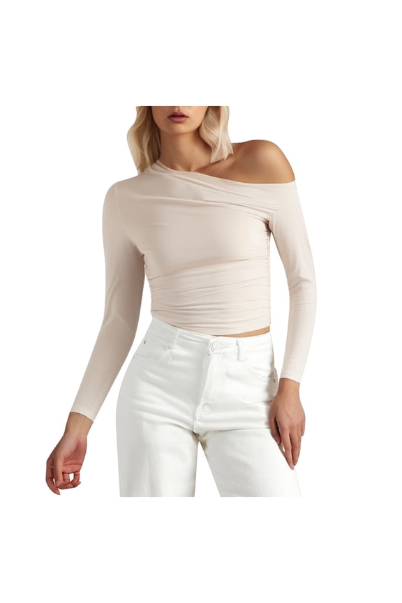 Women's Women's Shoulder Asymmetrical Solid Color Crop Top Long Sleeve T Shirt Womens Compression Cold Gear S