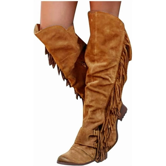 Women's Women's Winter Warm Fringe Knee High Boots Casual Over The Knee Retro Chunky Heel Zipper Long Boots Square Heels Shoes
