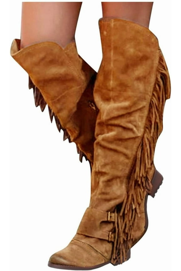 Women's Women's Winter Warm Fringe Knee High Boots Casual Over The Knee Retro Chunky Heel Zipper Long Boots Square Heels Shoes