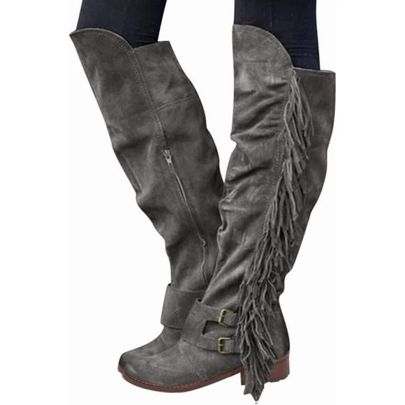 Women's Women's Winter Warm Fringe Knee High Boots Casual Over The Knee Retro Chunky Heel Zipper Long Boots Square Heels Shoes